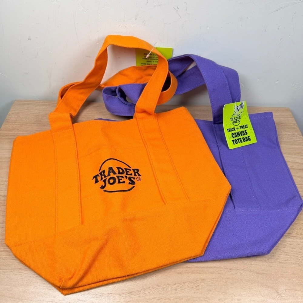 Set of 2 Trader Joe's Trick or Treat Reusable Tote Bag Canvas Orange Purple NWT